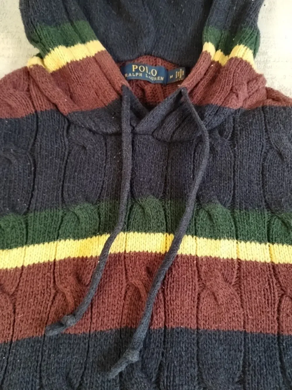 Polo Ralph Lauren St Andrews Rugby Cable Knit Hoodie Striped Sweater Men Size M
